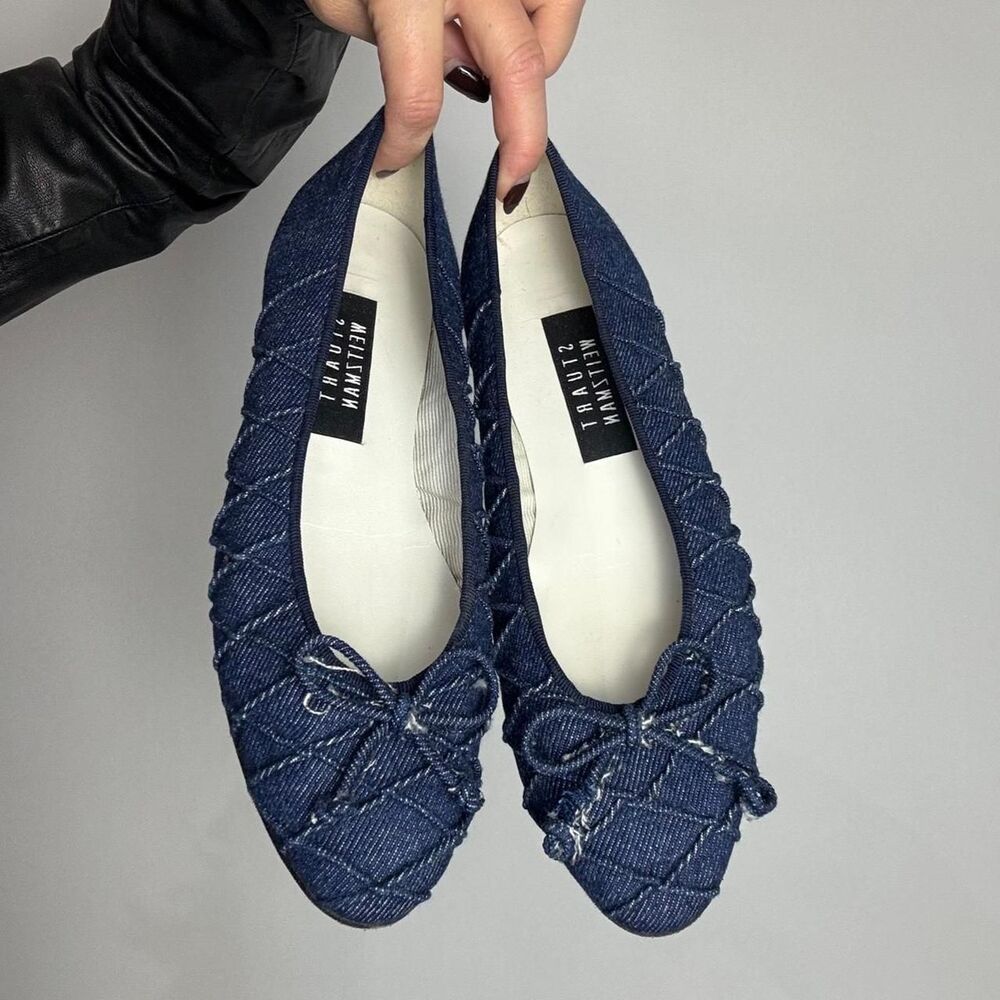 Stuart Weitzman quilted denim ballet flats with bow detail made in Spain